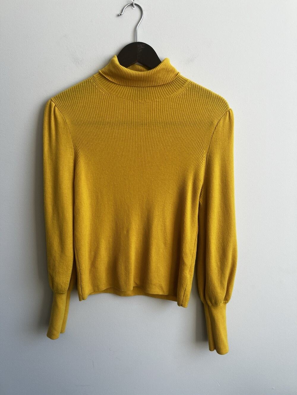 J.Crew Sweater Mustard Yellow Merino Wool Ribbed Puff Sleeve Turtleneck M